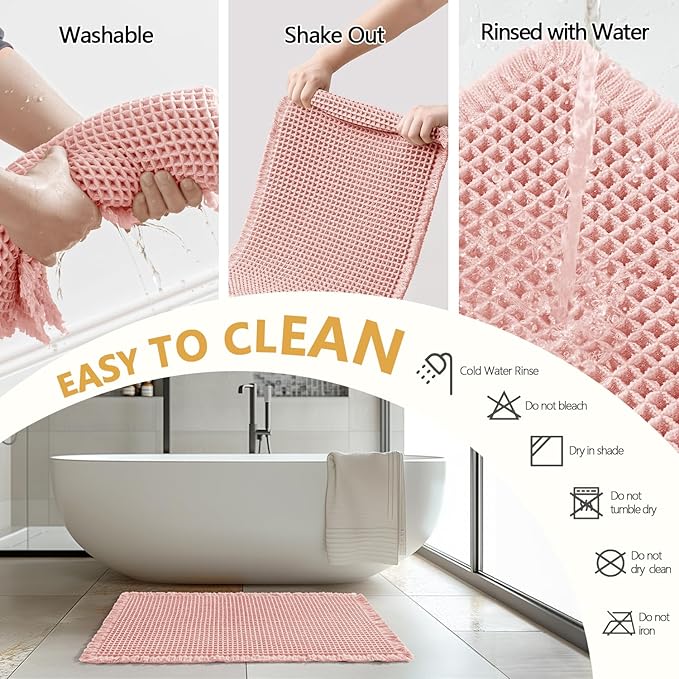MIULEE Set of 2 Waffle Bathroom Rugs, Boho Bath Rugs Non Slip Washable, Super Absorbent Bath Mats, Ultra Soft Rubber Backed Shower Mats for Bathroom Floor, Tub and Shower, Pink, 18x30 Inch