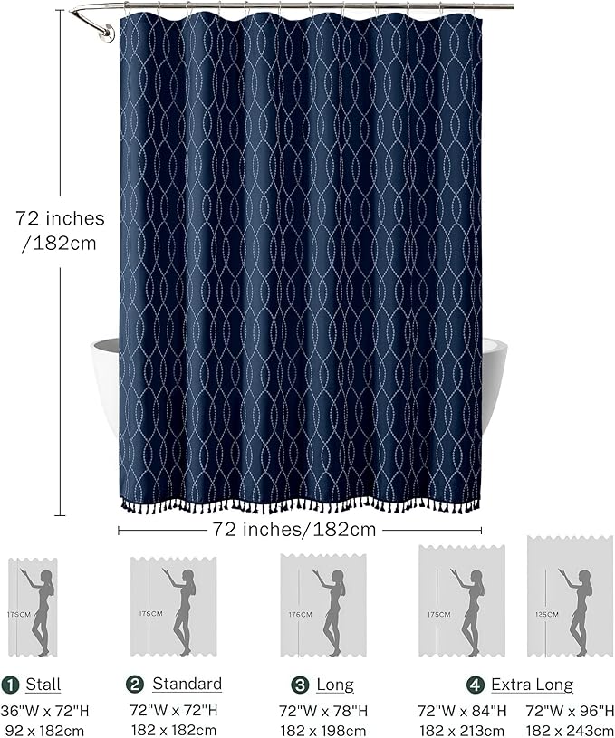 OVZME Navy Blue Shower Curtain for Bathroom, Puff Printed Textured Shower Curtain with Tassels, Rustic Geometry Heavy Duty Vintage Country Bathroom Curtain, Water Resistant Fabric, 72Wx72L Inches