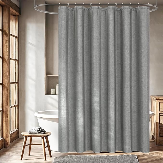 Linen Look Country Rustic Fabric Shower Curtain Grey, Heavy Duty Faux Linen Textured Shower Curtain Water-Resistant, 72 x 72 Inch Natural Gray Hotel Bathroom Shower Curtains Machine Washable