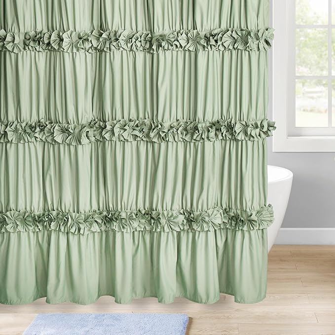 Sage Ruffle Shower Curtain, Vintage Handcrafted Bow Tie Bath Curtain for Master Bathroom, Ruched Microfiber Bathroom Curtain with 12 Buttonholes, 72" W x 72" H (LQ-10)
