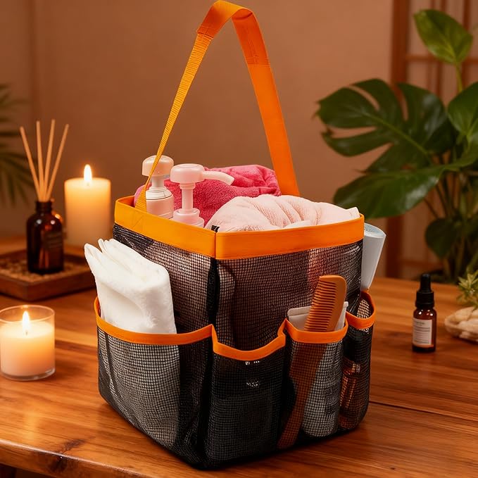 Mesh Shower Caddy Bathroom Portable College Dorm Essentials for Girls Guys Shower Tote Beach Camp Travel Hanging Toiletry Bag Orange