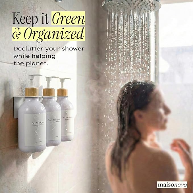 Shampoo and Conditioner Dispenser Wall Mounted Set of 3 White Bamboo - No Drill Shower Soap Dispenser for Bathroom Refillable - Spa Hotel Style Accessories by MaisoNovo