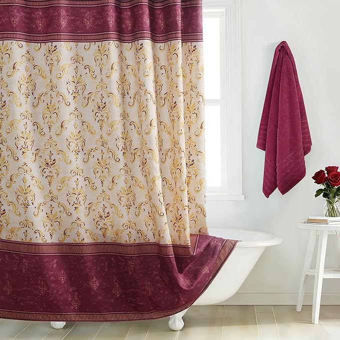 Long Fabric Shower Curtain, Burgundy Wine with Gold Yellow Paisley Damask Print, Waterproof Boho Bathroom Decor, 72" W x 78" H