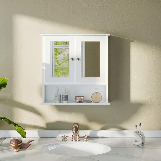 Panana Wall Mounted Bathroom Cabinet Wall Cabinet with 2 Mirrored Doors and Open Compartment, Inner Adjustable Shelf, 22" x 5.1" x 22.8" (White)