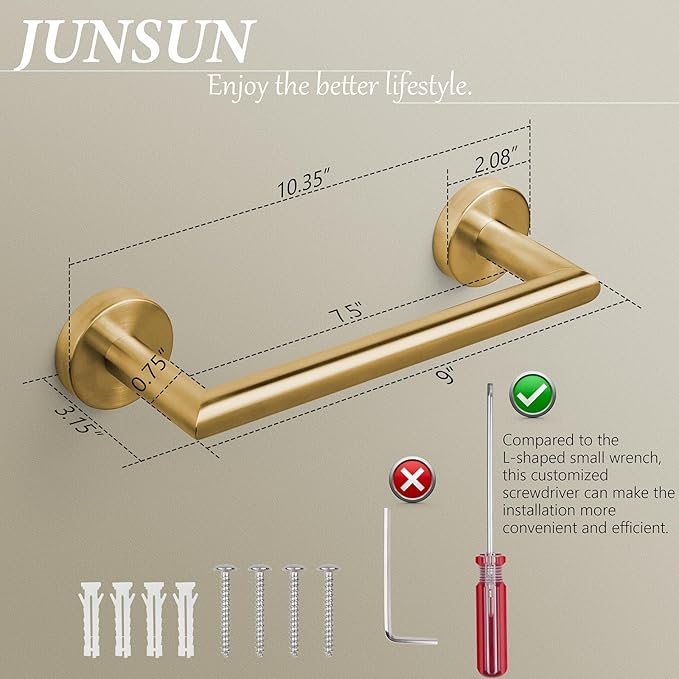 JunSun Bathroom Towel Bar 9 Inch Brushed Gold Towel Racks Wall Mount Bath Hand Towel Holder Modern Home Decor Towel Rod Bathroom Hardware Stainless Steel Towel Hanger Gold Towel Rail Single Towel Bars