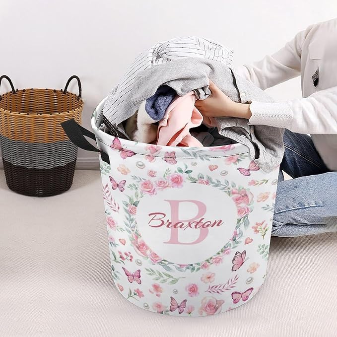 Custom Name Laundry Baskets,Personalized Butterfly Laundry Hamper for Kids Baby Adults,Collapsible Clothes Storage Organizer,One Size