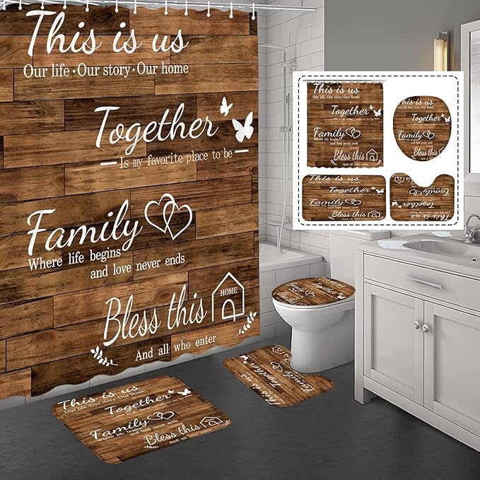juwute 4Pcs Family Shower Curtain Sets with Non-Slip Rugs, Toilet Lid Cover and Bath Mat, Brown Home Bathroom Decor Set Accessories Waterproof Shower Curtains with 12 Hooks, 72 x 72 Inch