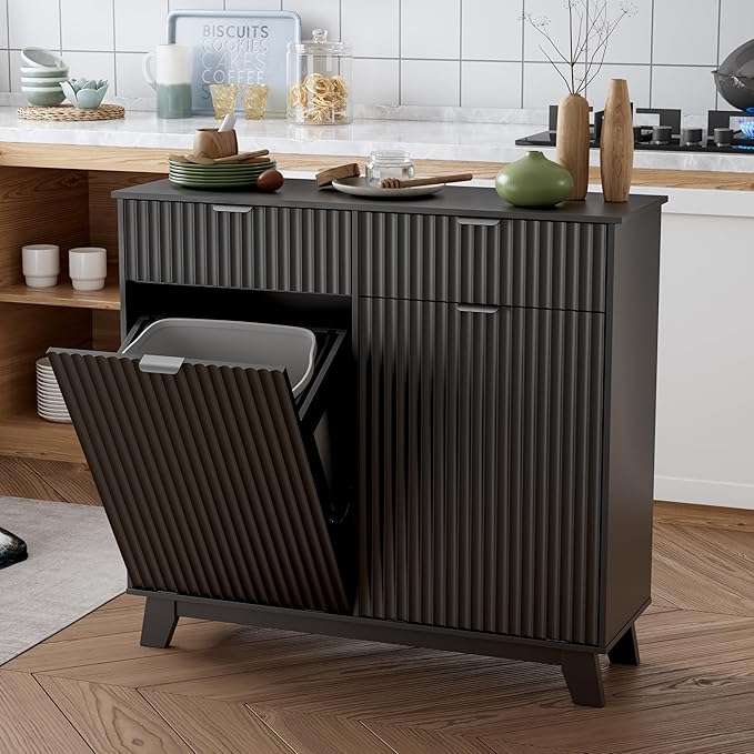 Double Tilt Out Laundry Hamper Cabinet, 20 Gallon Wooden Trash Can Cabinet with Storage Drawers, Hidden Fluted Garbage Can Holder for Kitchen, Living Room (Black, 39.34" W x 35.83" H x 13" D)