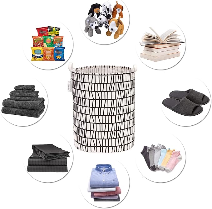 Sea Team 19.7 Inches Large Sized Waterproof Coating Ramie Cotton Fabric Folding Laundry Hamper Bucket Cylindric Burlap Canvas Storage Basket with Stylish Branch Black Design