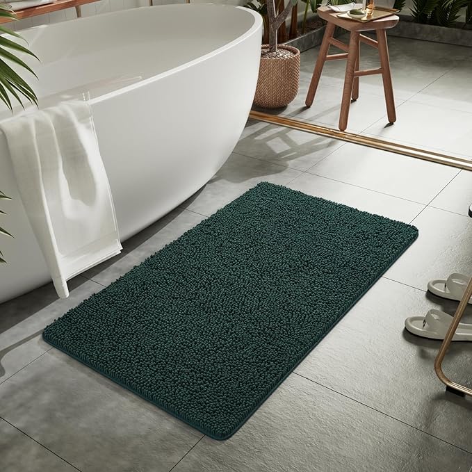 LOCHAS Luxury Bathroom Rug Shaggy Bath Mat 24 x 44 Inch, Washable Non Slip Bath Rugs for Bathroom Shower, Soft Plush Chenille Absorbent Carpets Mats, Hunter Green