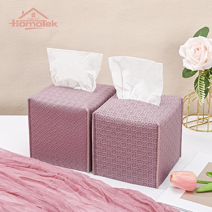 HOMOTEK 2 Pack Tissue Box Cover, Square PU Leather Tissue Holder, Decorative Facial Tissue Cube Paper Organizer Dispenser for Bathroom, Night Stands, Desk, Car 5X5X5'' - Woven Waffle,Plum Red