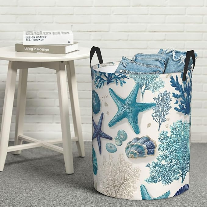 Coastal Ocean Theme with Starfish Design Laundry Hamper, White Blue, Oxford Cloth Storage Basket, Large 19.6x15.7 Inch