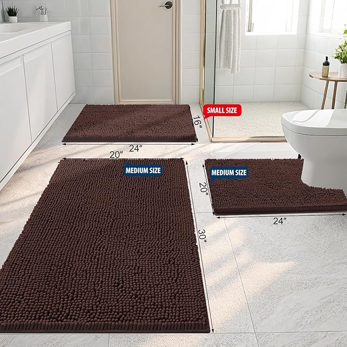Smiry Luxury Chenille Bathroom Rugs 44x32, Extra Soft and Absorbent Shaggy Bath Mat, Machine Washable, Non-Slip Plush Carpet Runner for Tub, Shower, and Floor, Home Decor Accessories, Brown
