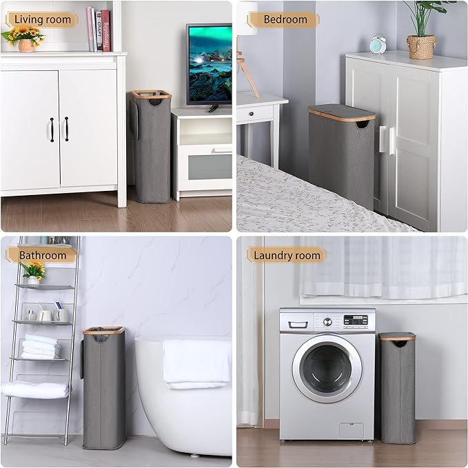 65L Slim Laundry Hamper, Narrow Laundry Basket with Lid,Foldable Clothes Hamper with Bamboo Handles,Hamper Basket with Removable Inner Bag for Laundry Room Bedroom College Dorm,17.17 Gals Grey