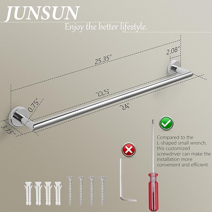 JunSun Polished Chrome Bath Towel Bar 24 Inch Bathroom Towel Rack Towel Holder Modern Home Decor Towel Rod Bathroom Hardware Chrome Towel Hanger Towel Rail Towel Shelf Single Towel Bars Wall Mounted