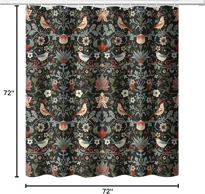 Boho Shower Curtain William Morris Art Print Retro Bird Plant Natural Flower Pattern Print Shower Curtains 72""×72"" Inch, Style-2