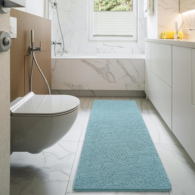 LOCHAS Luxury Bathroom Rug Shaggy Bath Mat 24 x 60 Inch, Washable Non Slip Bath Rugs for Bathroom Shower, Soft Plush Chenille Absorbent Carpets Mats, Spa Blue