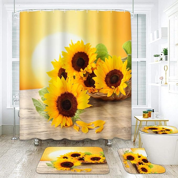 Britimes 4 Piece Shower Curtain Sets, with 12 Hooks, Summer Sun Sunflower with Non-Slip Rugs, Toilet Lid Cover and Bath Mat for Bathroom Decor Set, 72" x 72"