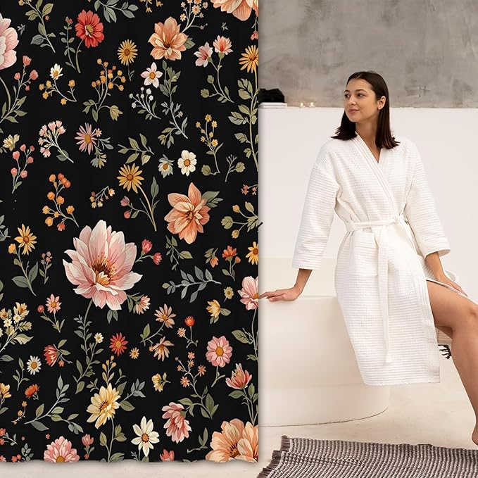 Black Floral Shower Curtain,Cute Dark Wildflower Rustic Flower Blossom Farmhouse Leaves Botanical Cloth Fabric ,Waterproof Polyester Bathroom Home Decor Set with 12 Hooks,72 x 72 Inch
