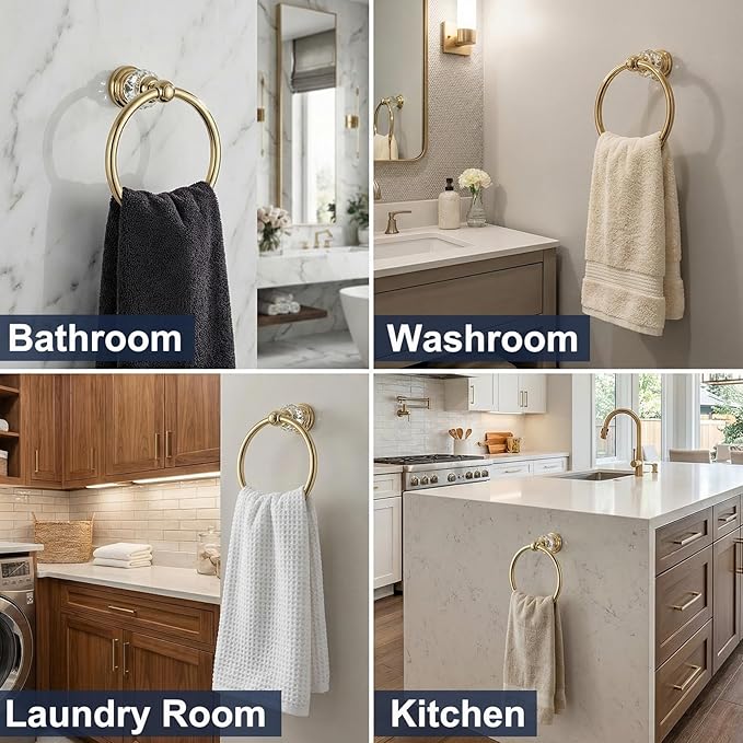 Gold Towel Ring with Crystal, Round Hand Towel Holders for Bathrooms, Stainless Steel Hand Towel Rack Wall Mounted for Luxury Modern Bathroom, Kitchen, Hotel