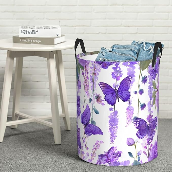 Purple Butterfly Pattern Laundry Hamper, Collapsible Organizer Basket for Bathroom,Laundry,Bedroom 19.6 x15.7 Inch