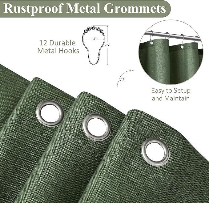 Naturoom Olive Green Shower Curtain 84 inches Long, Linen Rustic Weighted Fabric Shower Curtain Set with Hooks, Bohemian Country Thick Bath Curtains for Bathroom,72x84
