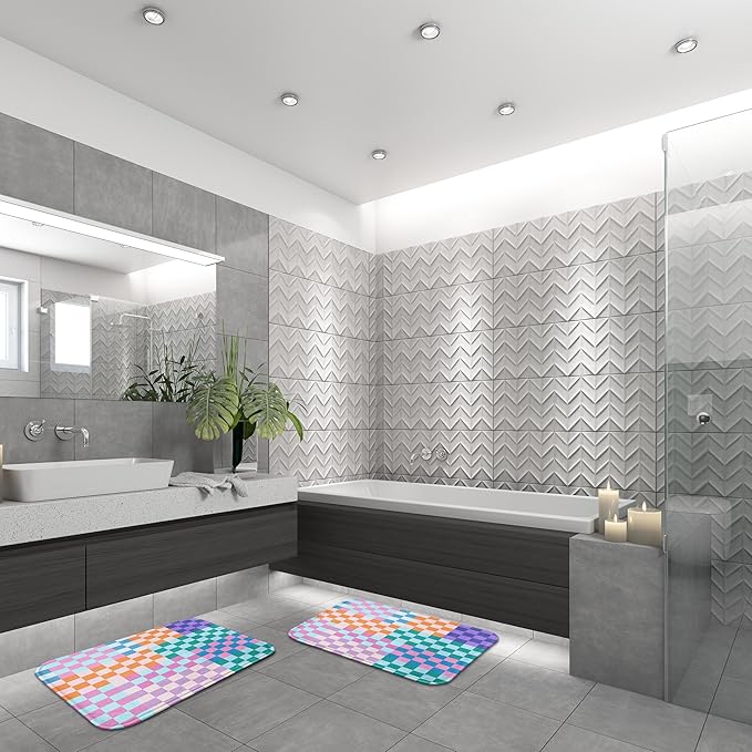 ArtSocket Retro Checkered Bathroom Set with Shower Curtain and Bath Rugs and Accessories,Colorful Funky Checkerboard Non-Slip Shower Curtain Set,Bathroom Decor 3 Pcs