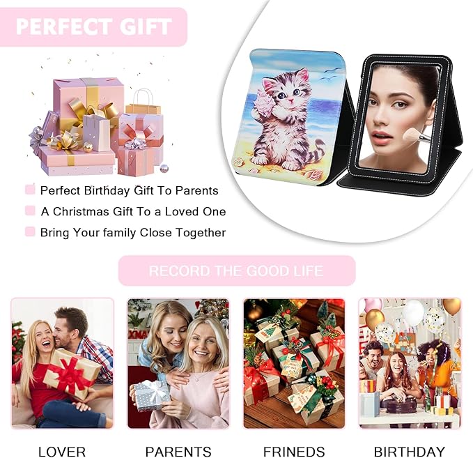 Foldable Travel Makeup Mirror PU Leather with Adjustable Stand, Desktop Portable Folding Rectangular Vanity Mirror for Travel, Camping, Office, 7x9 Inches
