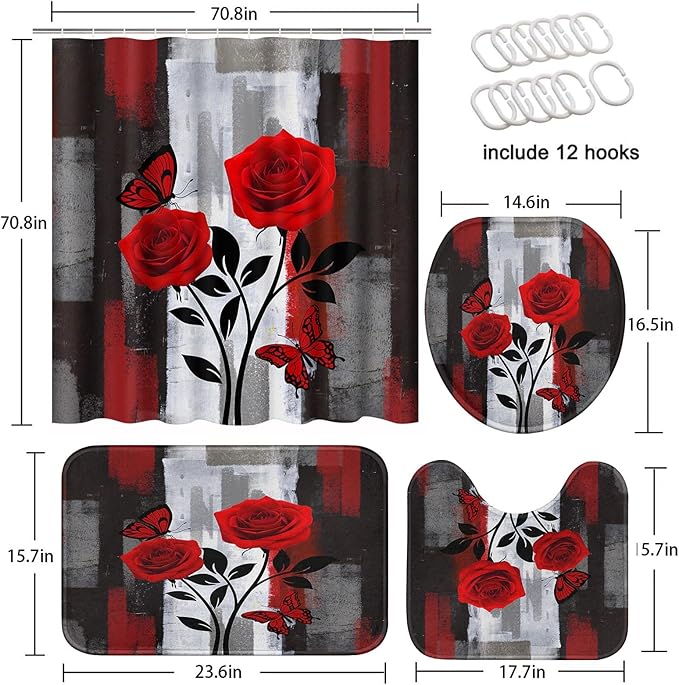 Pamnest 4 Pcs Shower Curtain Sets, Red Rose Flower Summer Grey Abstract Waterproof Bathroom Sets with Non-Slip Rugs, Toilet Lid Cover and Bath Mat, Accessories Modern Home Bathroom Decor 72" X 72"