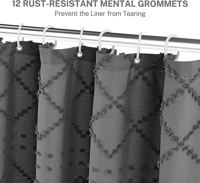Extra Long Boho Grey Woven Fabric 84 Inch Shower Curtain 72 x 84 Tufted Chevron Striped Shabby Chic Textured, Modern Farmhouse Minimalist, Water Resistant Curtain Set for Bathroom, Hotel Decor