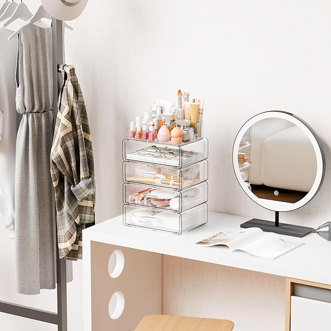 Yieach Clear Acrylic Makeup Organizers Countertop for Dresser,Desk,Bathroom Vanity,4 Tier Stackable Make up Holders and Makeup Cabinet,Tiered Cosmetic Storage and Make up Containers for Palette,Brush