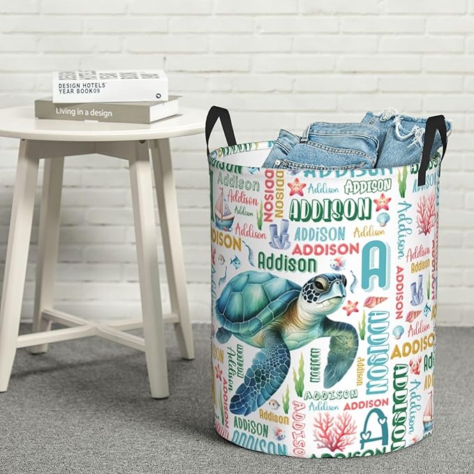 Personalized Turtle Laundry Basket For Baby Kids Boys Girls Adult Custom Hamper Basket With Name For Bathroom Bedrooms Collapsible Baby Laundry Basket, Dirty Clothes Hamper With Handles
