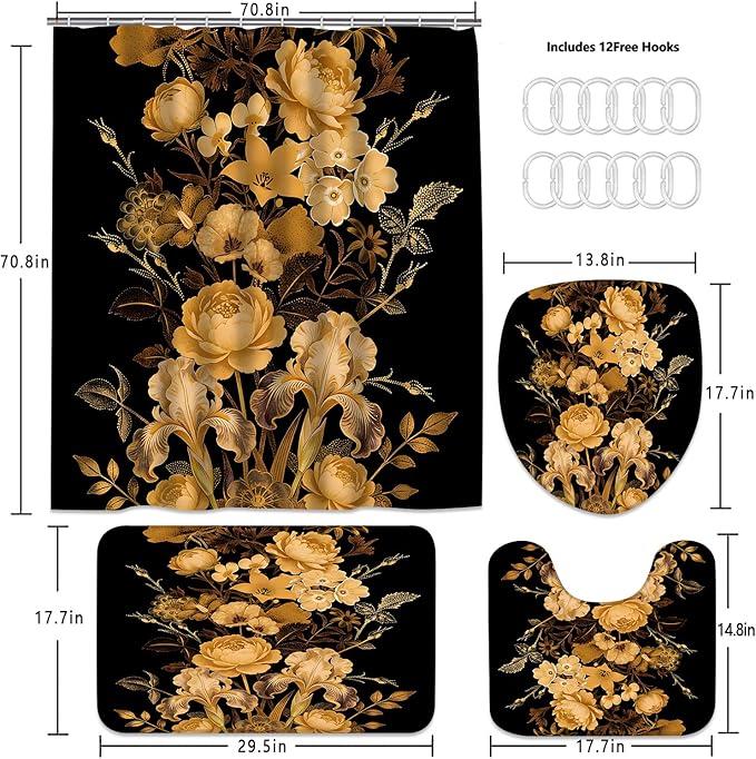 FZDHHY 4Pcs Black and Orange Shower Curtain Set, Luxury-Floral Bathroom Sets, Modern Simple Bathroom Sets with Shower Curtain and Rugs, Shower Curtain with 12 Hooks