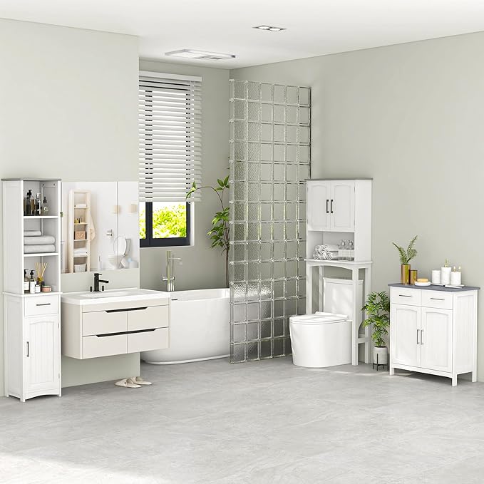 kleankin LED Medicine Cabinet, 35.5 x 29.5 Wall-Mounted Bathroom Vanity Mirror Organizer with Dimmer Touch Switch, Three Doors, and USB Charged, White