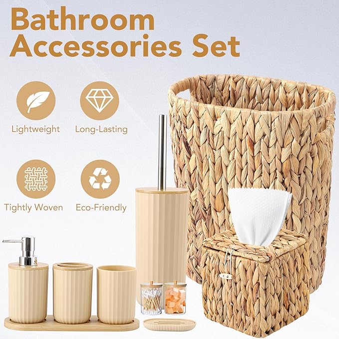 Bathroom Accessories Set,10PC Wicker Home Set with Trash Can, Tissue Box,Tray, Soap Dispenser, Soap Dish, Toothbrush Holder, Toothbrush Cup,Toilet Brush and Qtip Holders (Ratten, Beige)