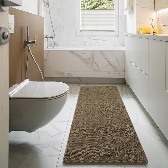 LOCHAS Luxury Bathroom Rug Shaggy Bath Mat 24 x 70 Inch, Washable Non Slip Bath Rugs for Bathroom Shower, Soft Plush Chenille Absorbent Carpets Mats, Tan