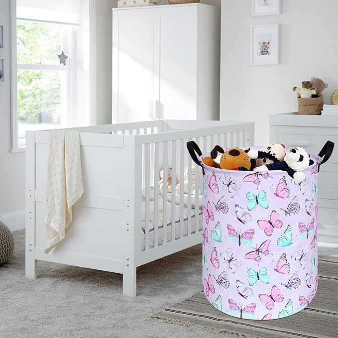 KUNRO Round Laundry Gift Basket Storage Hamper, Clothes Storage Organizer Bins, Shelf Basket with Handles for Room Decor (Purple Butterfly)