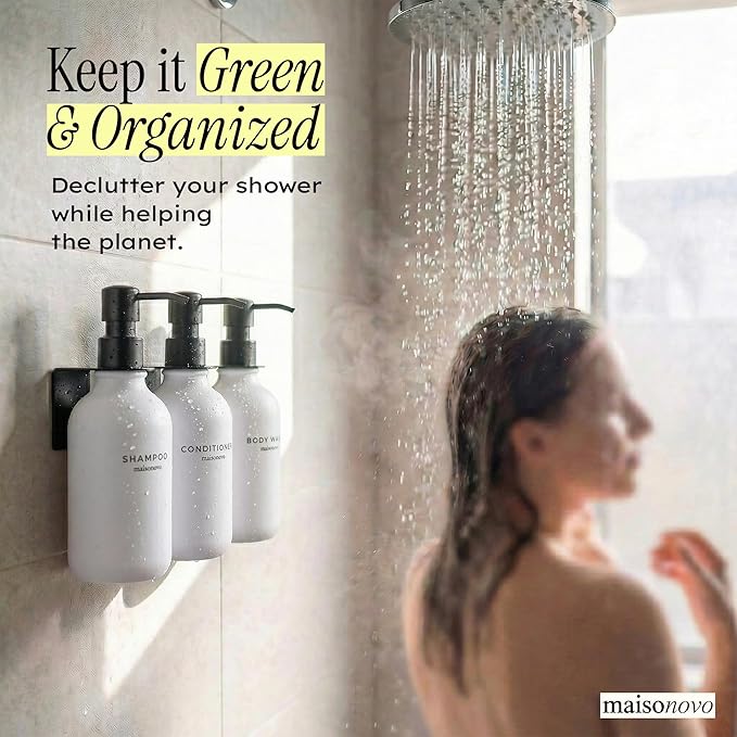 Shampoo and Conditioner Dispenser Wall Mounted Set of 3 White Black - No Drill Shower Soap Dispenser for Bathroom Refillable - Spa Hotel Style Accessories by MaisoNovo