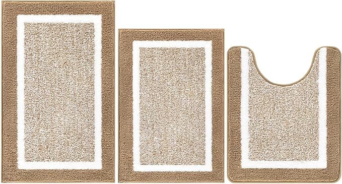 Pauwer Bathroom Rugs Sets 3 Piece Bathroom Shower Rugs with U-Shaped Contour Toilet Mat Absorbent Microfiber Plush Non Slip Bath Mats Machine Washable Shaggy Bath Floor Mats, Khaki