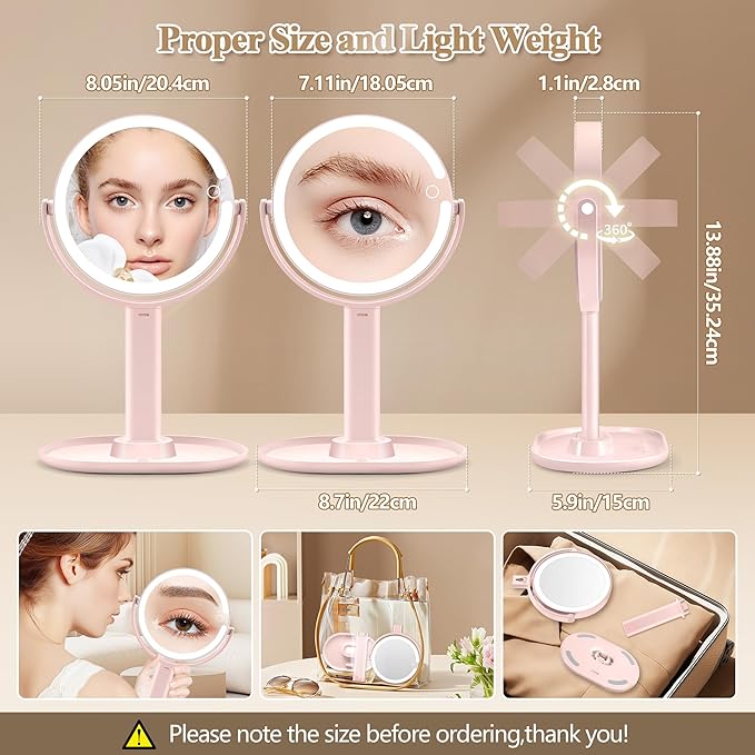 MOMOKUBA Makeup Mirror with Lights, Double Sided 1x/20x Magnifying Mirror with Light, Rechargeable 3 Color Lights and Adjustable Brightness, 360° Rotation Detachable Comes with Tweezer(Pink)