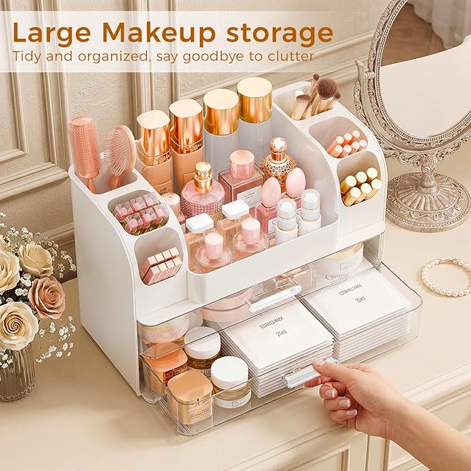 Makeup Organizer for Vanity with Brush Holder, Large Bathroom Countertop Organizer & Skincare Storage | Perfume, Cosmetics Display Case with Drawers (White)