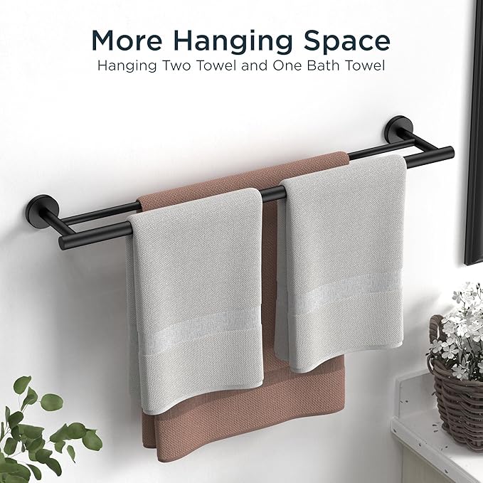 FORIOUS Black Double Towel Bar, 24 Inch Double Towel Racks for Bathroom, Heavy Duty SUS304 Stainless Steel Towel Holder Rail Wall Mount, Includes Wall Mounting Hardware, Matte Black