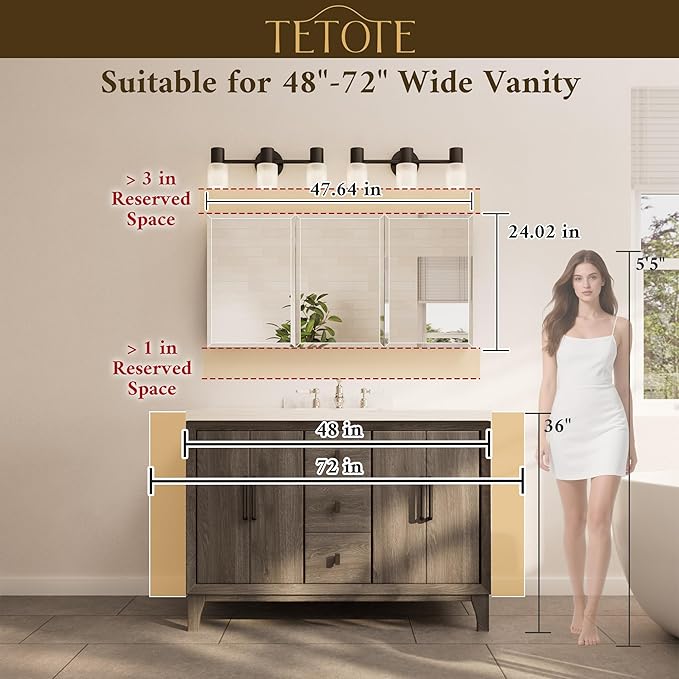 TETOTE 48 x 24 Medicine Cabinet with Tempered Beveled MirrorWhiteBathroom Vanity Mirror Cabinet Aluminum Cabinet DTC Hinges, Stepless Adjustable Shelves, Recessed/Surface-Mounted