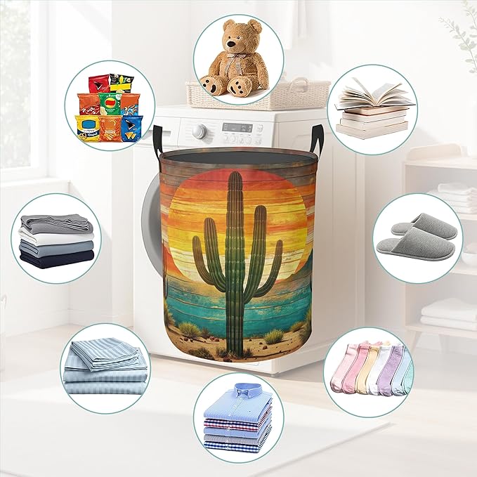 Tropical Cactus Laundry Basket With Handles Tote Bag Oxford Cloth Funny Laundry Hamper Clothes Storage Bucket Toy Organizer 16" X 20.8"For Bathroom/Laundry/Bedroom