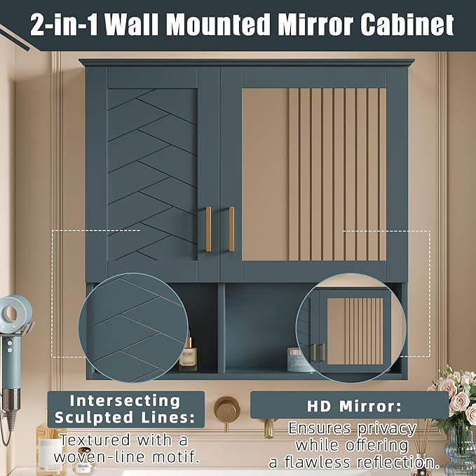 Bathroom Mirror Cabinet, 30 inch Wall Mounted with Adjustable Shelves & Soft Close Doors, High-Define Mirror with Storage