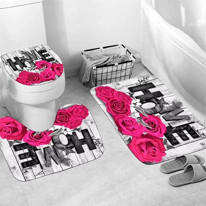Yddsky Pink Rose Valentines 4 Pcs Shower Curtain Sets Non-Slip Rugs Bath Mat Toilet Cover U Shaped Mat Romantic Pink Bathroom Decor with 12 Hooks Valentines Day Bathroom Set