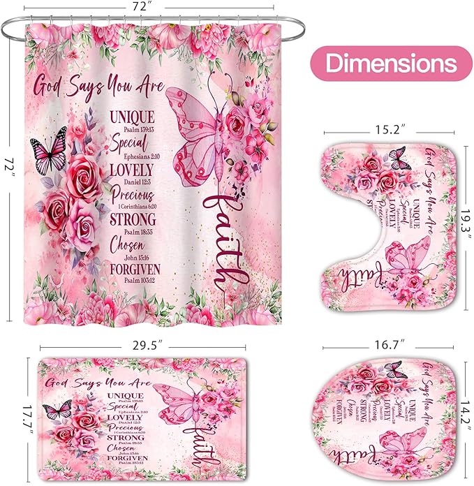 Litabel 4 Pcs Pink Butterfly Inspirational Quotes Shower Curtain Set with Rugs and Toilet Lid Cover, Colorful Boho Waterproof Fabric Bathroom Set, Bible Verse Floral Bathroom Decor Set Accessories