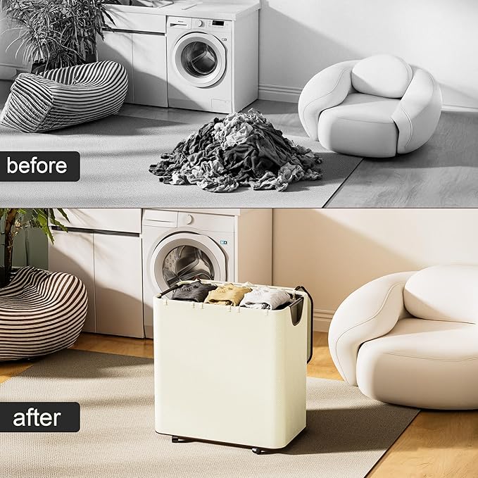 LAMU 160L Laundry Basket with Wheels, Rolling Laundry hamper with Lid and 3 Removable Laundry Bag, Beige Large Capacity 3 Section Dirty Clothes Hampers for Laundry Room, Bedroom, Bathroom, Dorm