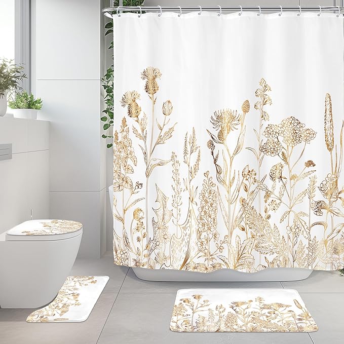 Riyidecor Vintage White Gold Floral Wildflower 4Pcs Bathroom Shower Curtain Sets Rustic Leaves Bathroom Decor Set with Rugs and Accessories Botanical Toilet Lid Rug, Contour and Bath Mat with 12 Hooks
