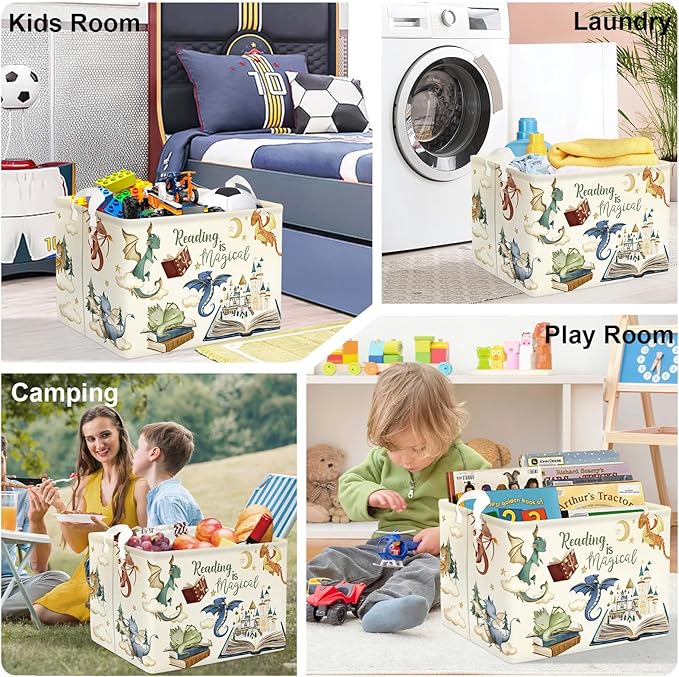 Dinosaur Laundry Hamper Large Storage Basket Cartoon Dino Collapsible Parents Organizer Kids Toy Clothes Bins for Bedroom, Bathroom, Magic Books, 36L